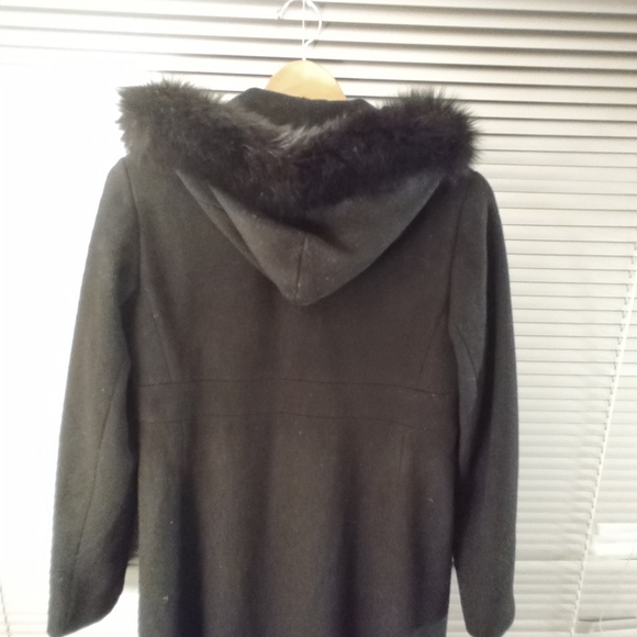 Steve by Searle Fur Trim Hood Long Coat Cashmere Blend Coat Size 10 Black - Picture 4 of 14